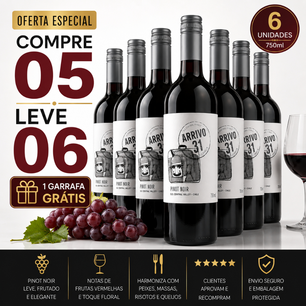 Vinho Tinto Seco Chileno Arrivo 31 Pinot Noir 750ml compre 5 leve 6