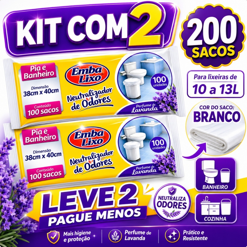Kit 2 Sacos De Lixo Antiodores Cozinha Banheiro Perfume e Lavanda Embalixo Premium 200 Unidades