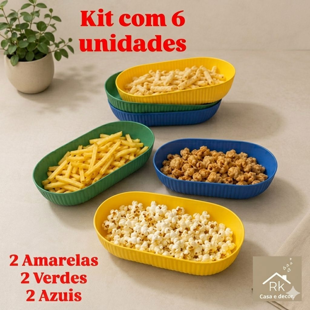 Kit 6 Unidades Petisqueira Pote De Pipoca E Petiscos Travessa Plástica Oval Colorida