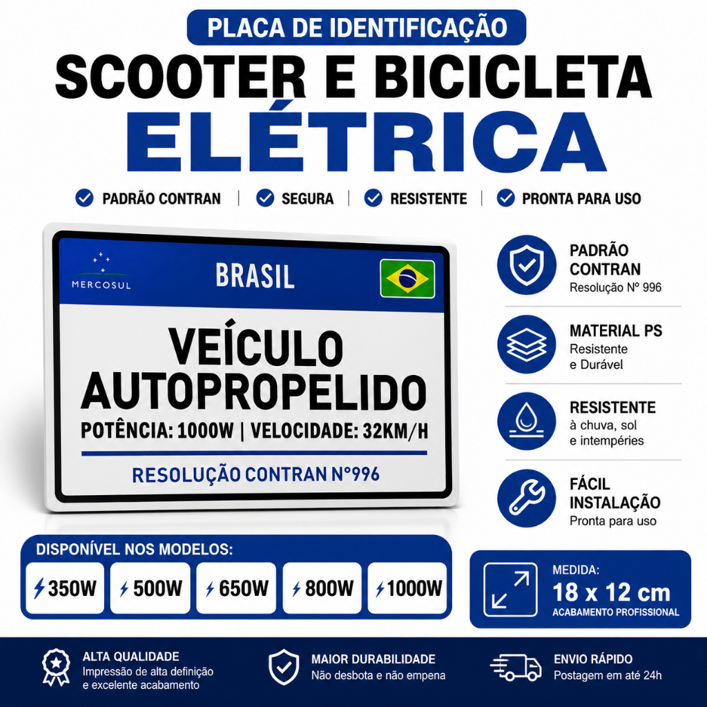 Identificação para Bicicleta e Scooter Elétrica 1000W 800W 650W 500W SEM FURO 18 x 12CM