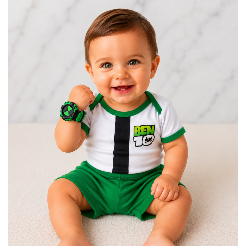 Body Temático Bebê Ben  10 Kit com Relógio Omnitrix em 3D Preminum e Shorts - Mesversario menino