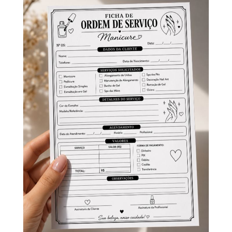 Bloco Ordem de Serviço Manicure 14x20 cm | Ficha Atendimento Nail Designer Pedicure Agendamento