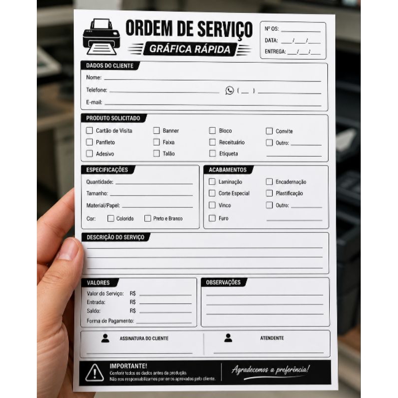 Ordem de Serviço Gráfica Rápida 14x20cm | Bloco OS Impressão Gráfica, Pedido, Produção e Atendimento