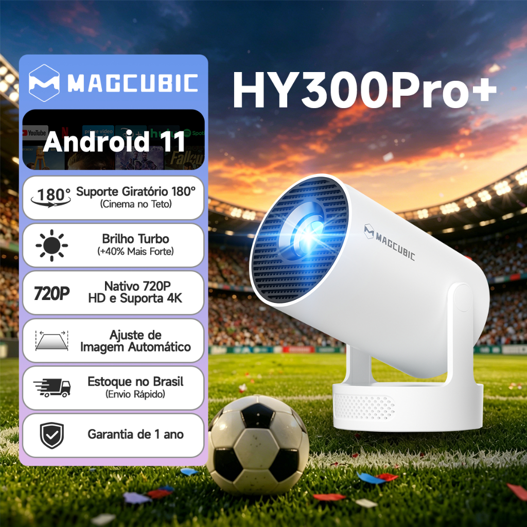 MAGCUBIC HY300Pro+ Portátil Mini Projetor 4K Android Keystone automático WiFi 6 Bluetooth 5.4