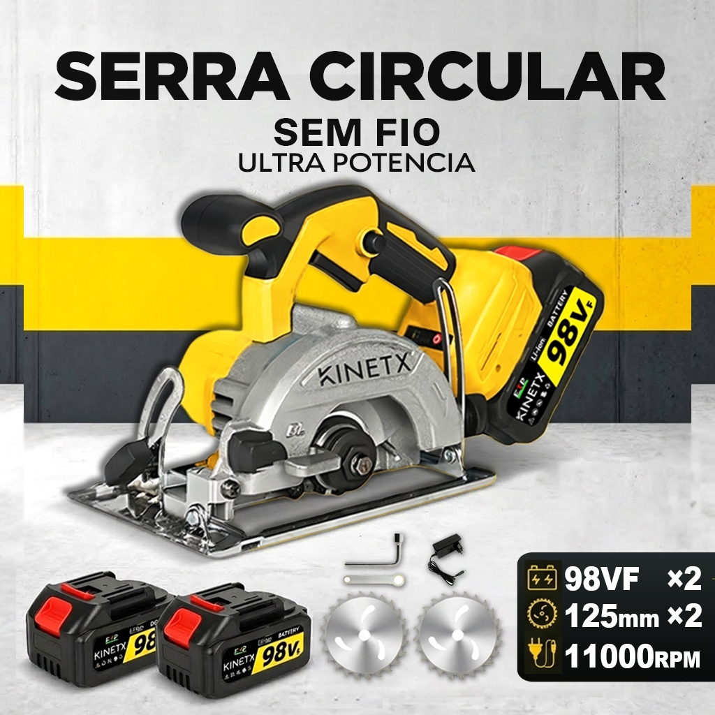 Kit Serra Circular Sem Fio 1800W 11000RPM 98VF 2Baterias 125mm 2 lápis Desoon Profissional Elétrica Brushless