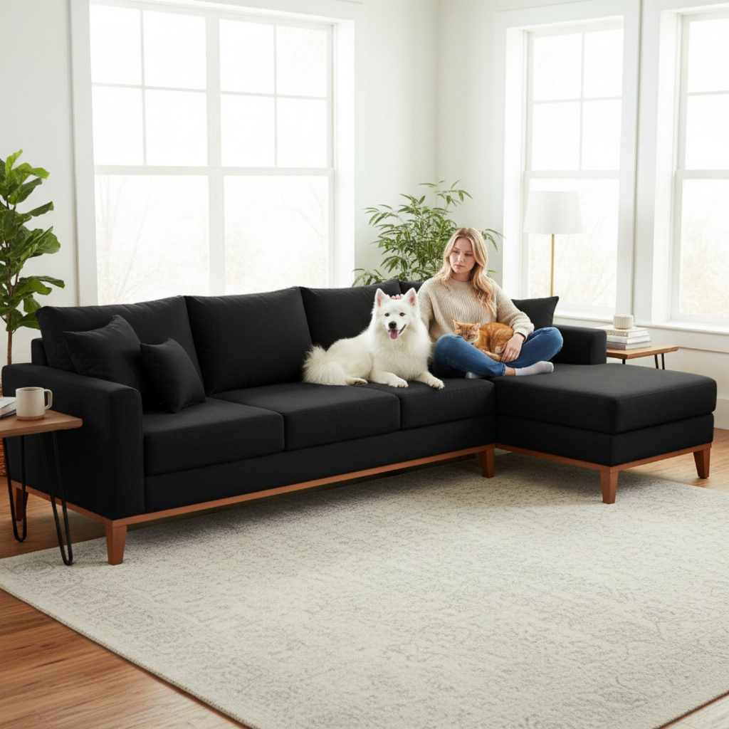 Sofá 4 Lugares Beny com Chaise Direito Suede Preto