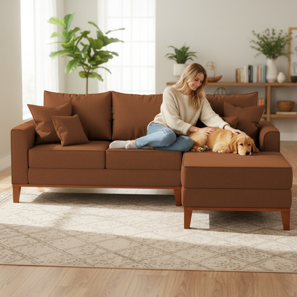 Sofá 3 Lugares Beny com Chaise Direito Corino Terracota