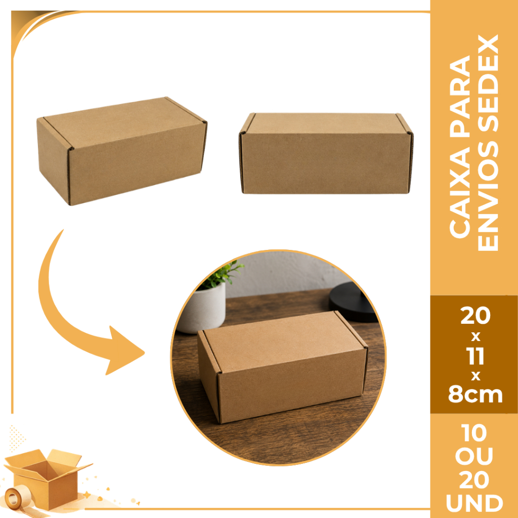 Caixa de Papelão Sedex 20x11x8cm Embalagem Para Correios Ecommerce Envios Mercado Livre e Shopee
