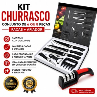 Kit Churrasco Conjunto de 08 Peças Facas Gourmet Corte Navalha Antiaderente Premium Prese…