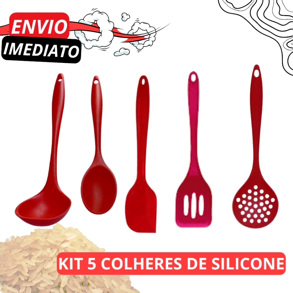 Jogo 5 Peças Vermelhas de Silicone Concha Colher de Servir Espátula Espatula Vazada e Escumadeira