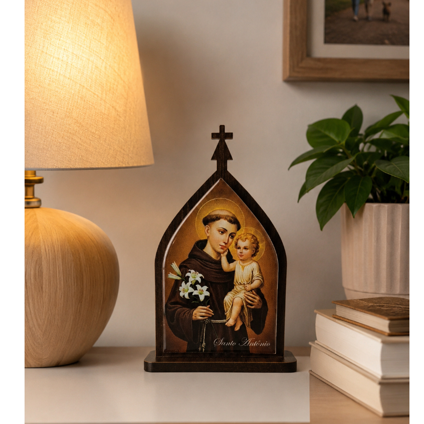 Oratório Capela Santo Antônio 15cm MDF e Imagem Resinada | Decoração Casa Presente Católico Religioso Fé Proteção