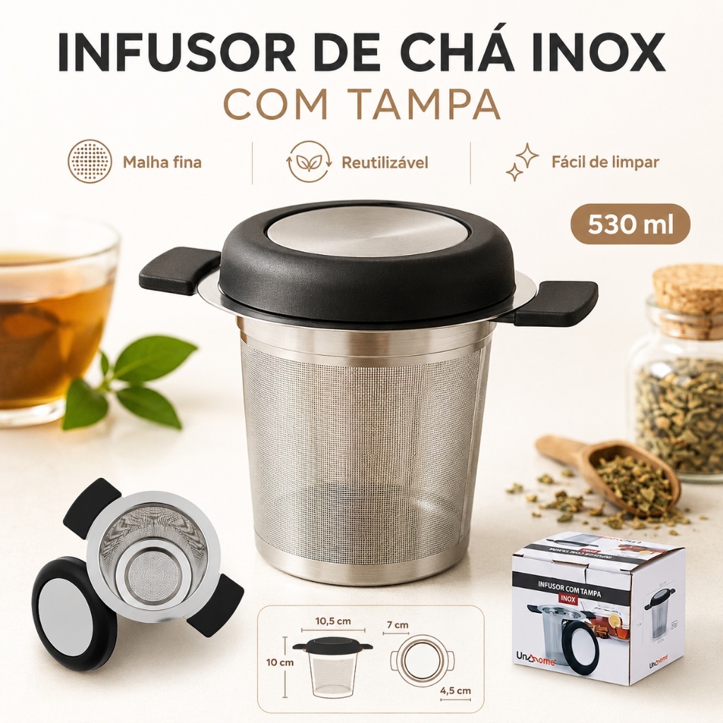 Infusor Cha Com Tampa Aço Inox Cesto Coador Ervas Filtro