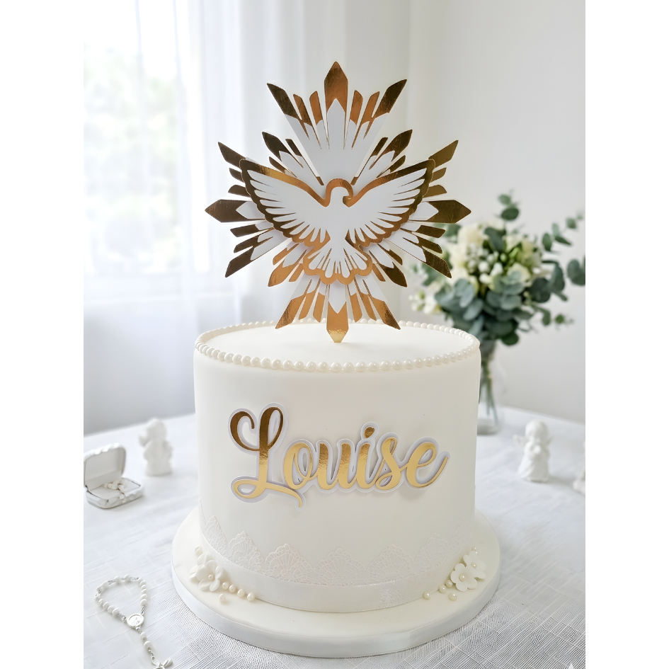 Topo de Bolo Batizado Personalizado Lamicote Dourado- Topo Primeira Comunhão, Eucaristia, Crisma