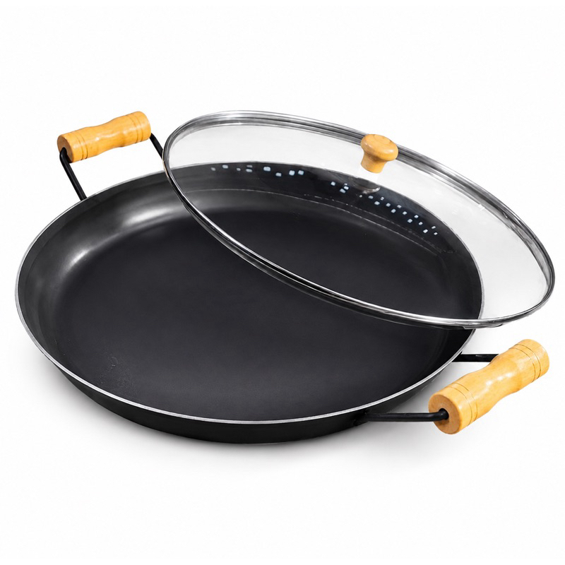 Disco de Arado Grande Com Borda 4cm Orla e Tampa de Vidro Frigideira Petisqueira Aço Rustico