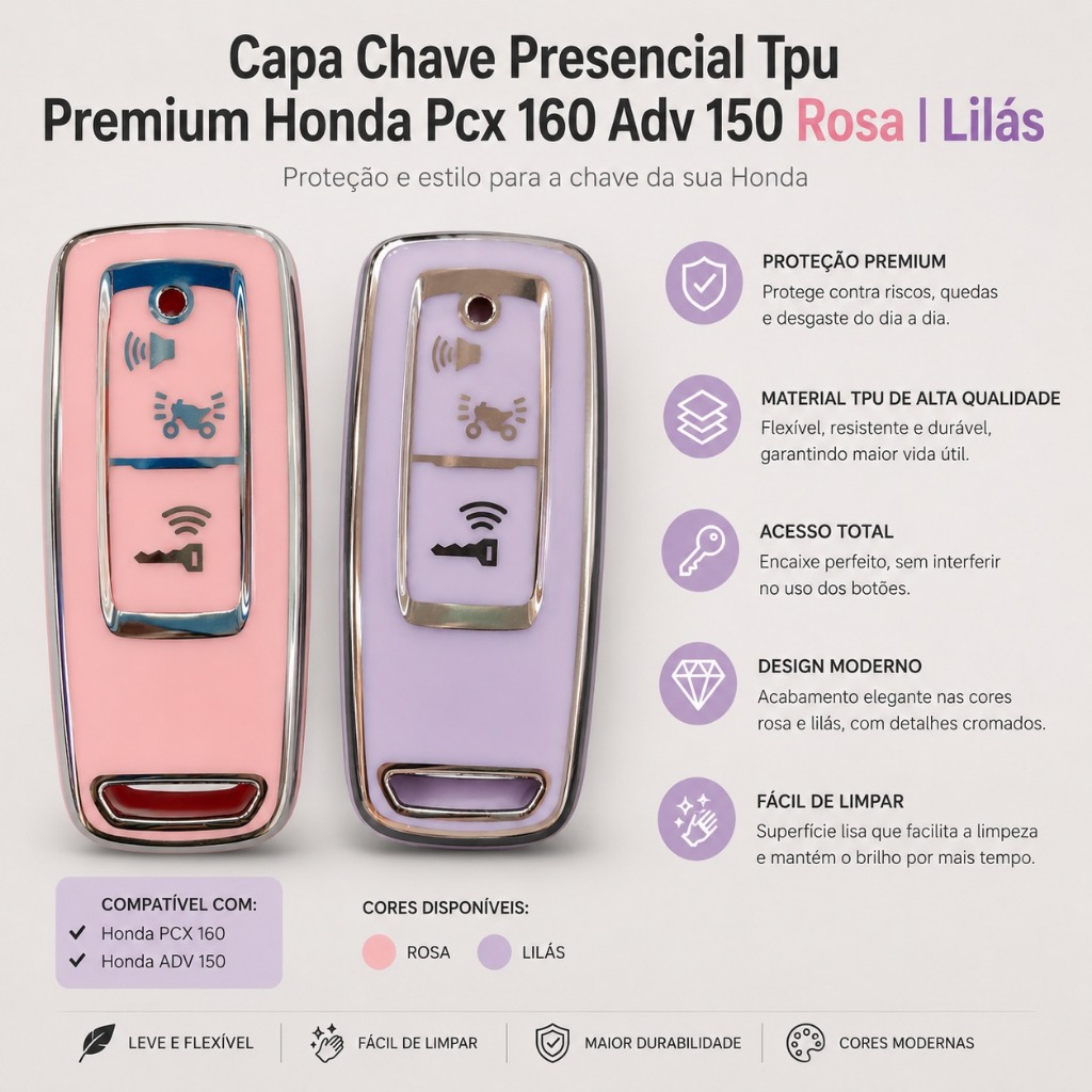 Capa Chave Presencial Tpu Premium Honda Pcx 160 Adv 150 - Rosa e Lilás