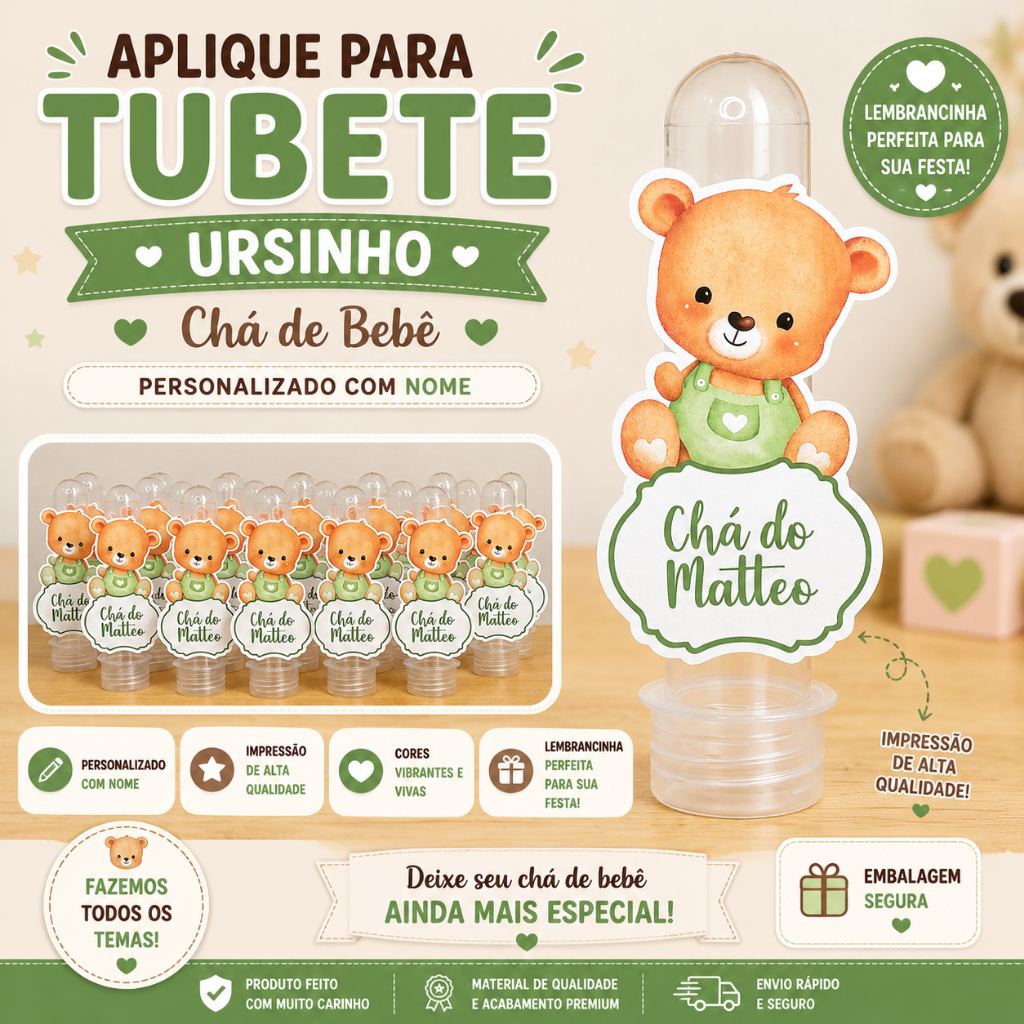 Aplique para Tubete Ursinho Chá de Bebê Personalizado Com Nome Lembrancinha Festa Infantil