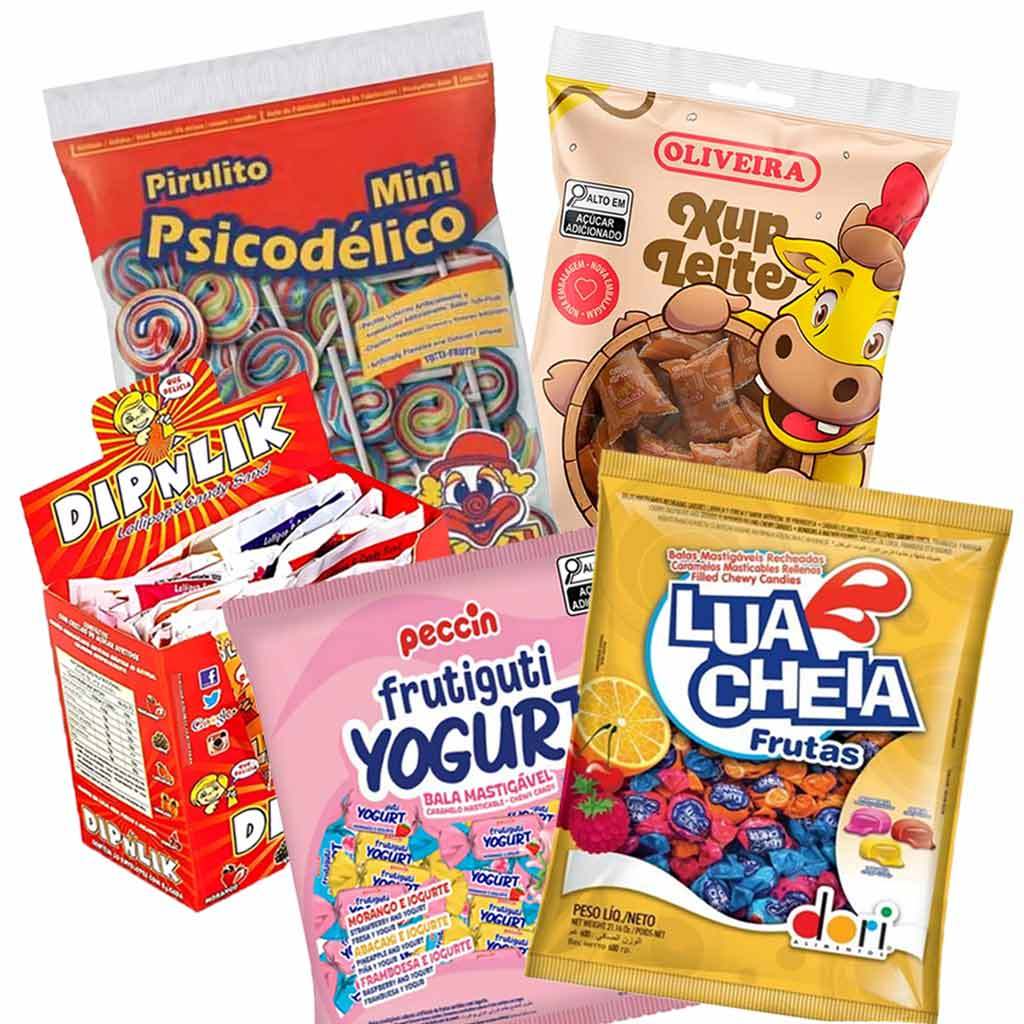 Kit 5 itens Mesa Festa Lembrancinha Completo Balas Pirulitos e Doce de Leite Doces Sortidos