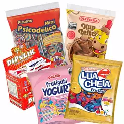 Kit 5 itens Mesa Festa Lembrancinha Completo Balas Pirulitos e Doce de Leite Doces Sortidos