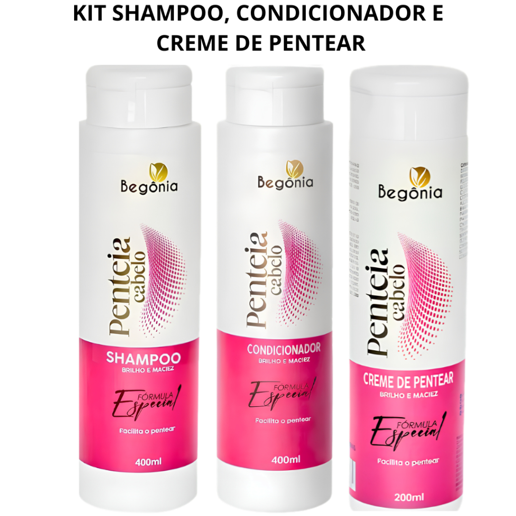 Kit Penteia Cabelo 3 itens Begônia Cosméticos Shampoo Condicionador e Creme de Pentear