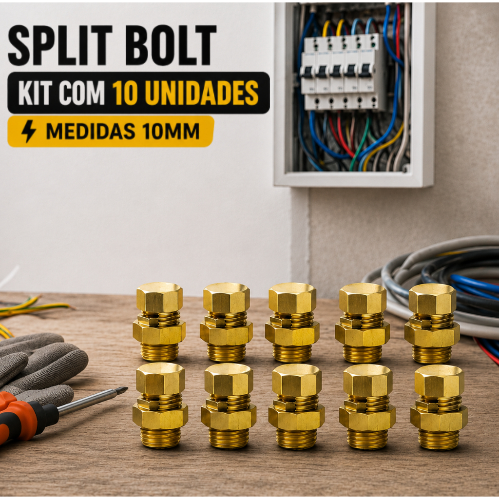 Kit 10 Conector Split Bolt Parafuso Fendido Cabo E Fio 10mm Dourado