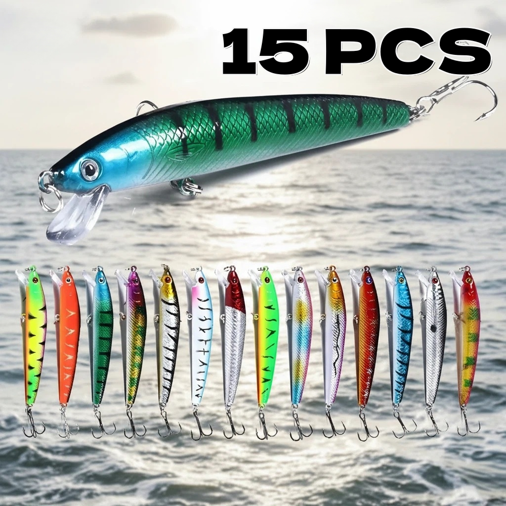 Kit Iscas Artificiais Pesca 15/20/71 Peças Minnow Crankbait Wobbler Jig Olho 3D Plástico Resistente