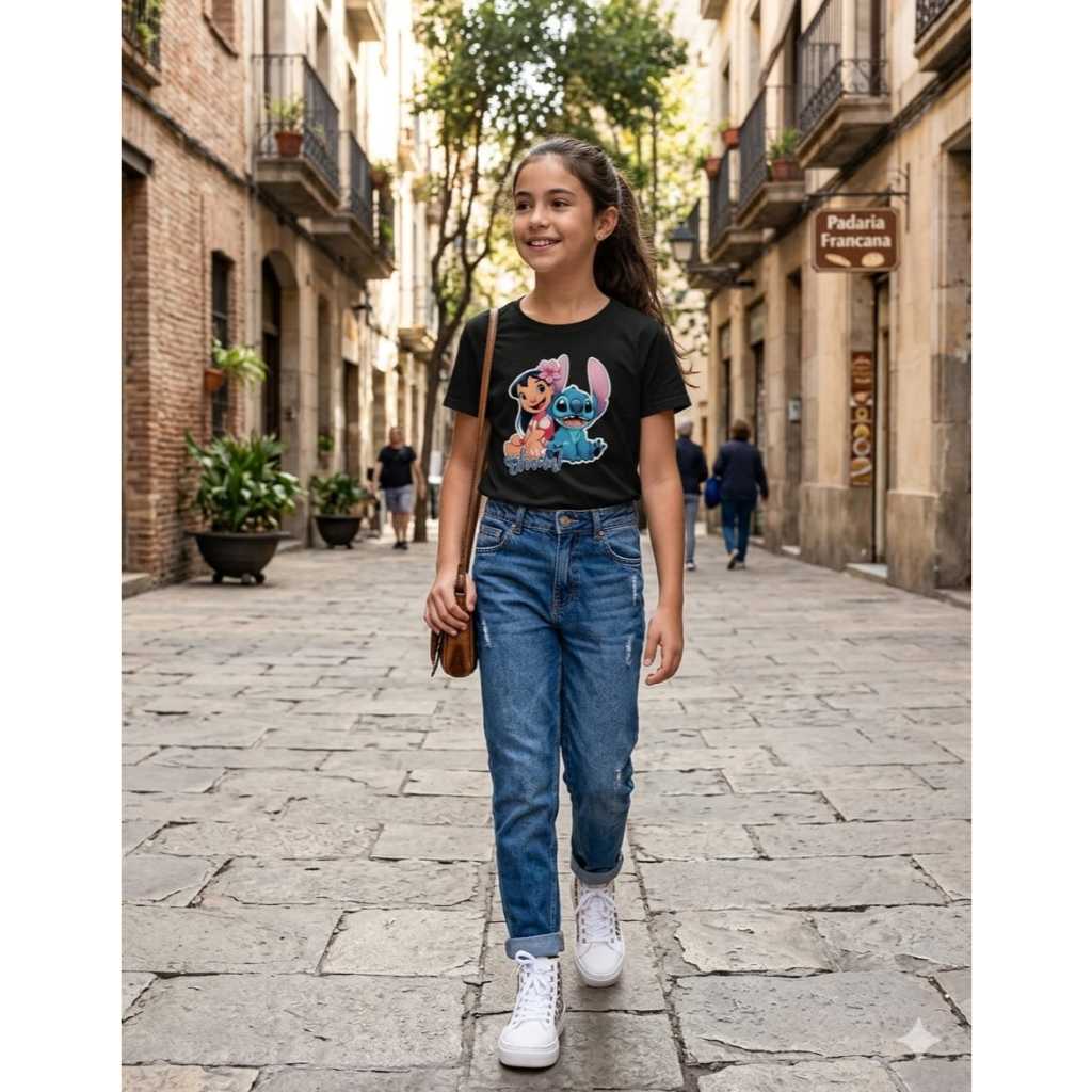 Camiseta Infantil Feminina Lilo e Stitch 100% Algodão Premium Confortavel Estiloso