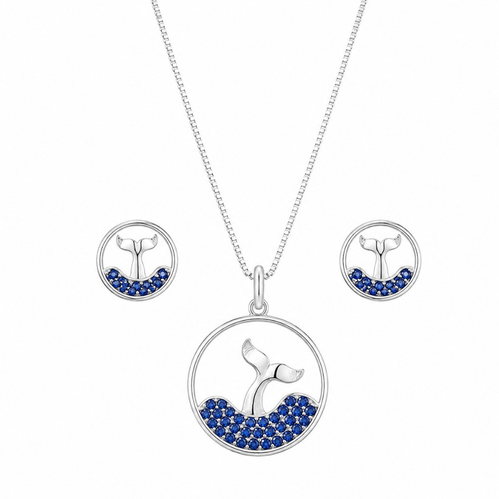Conjunto Colar e Brincos Rabo de Baleia Sereia em Prata 925 com Zircônias