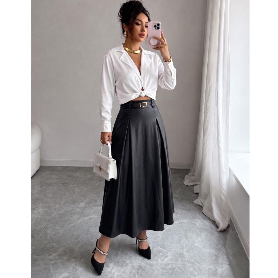 Saia Midi Feminina Couro Longa Godê Outono Inverno Cintura Alta Moda Evangélica