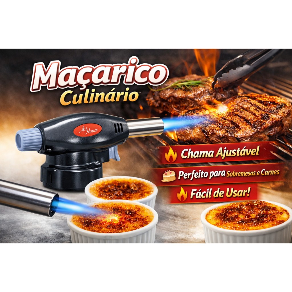 Maçarico Culinário Portátil para Cozinha e Confeitaria A Gás Acendedor Automático