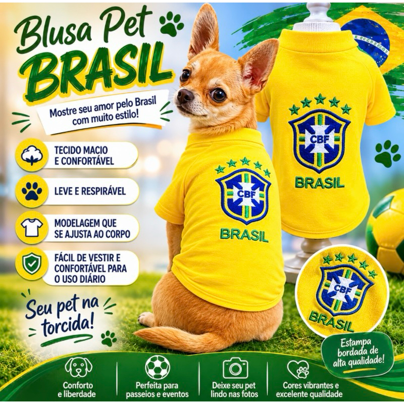 Roupa para cachorro Brasil Porte Pequeno Camisa Brasil para cachorro Roupa do Brasil para pet