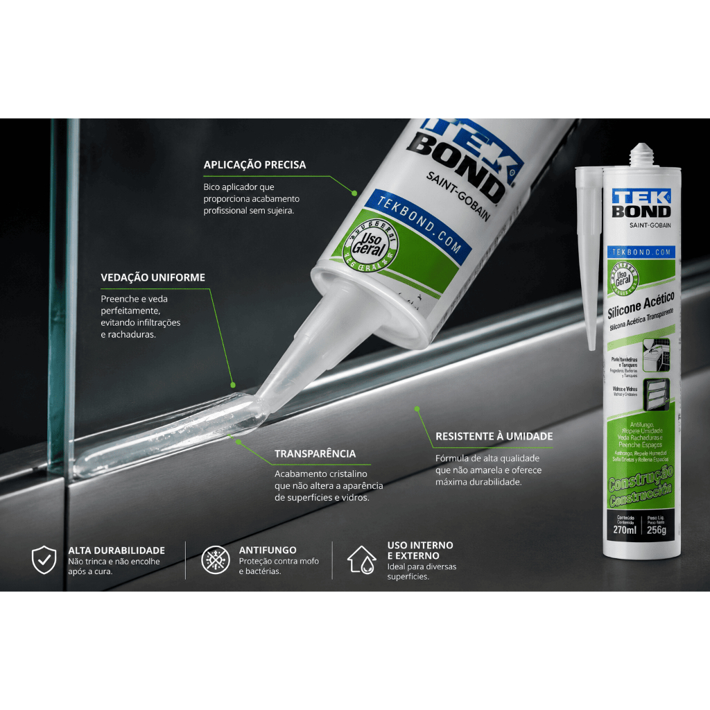 Detalhes do Silicone Acético Transparente Tekbond 270ml Kit C/ 1, 2, 3 ou 4 Unid