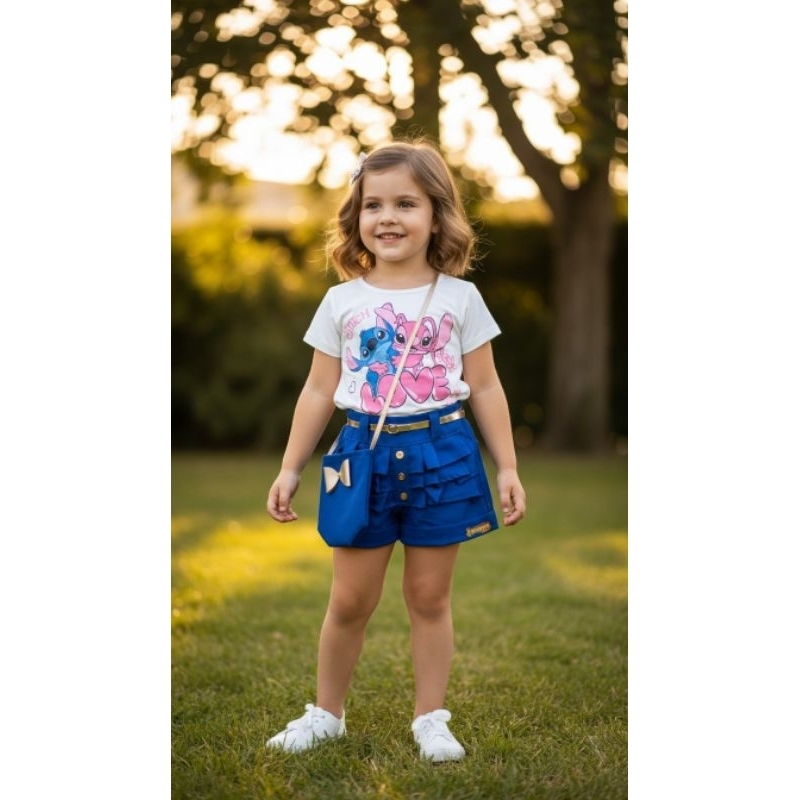 🎀 Conjunto 3 Peças (Bolsa + Short + Blusa Personalizada) Conjunto Infantil Feminino 3 Peças Bolsa Short e Blusa