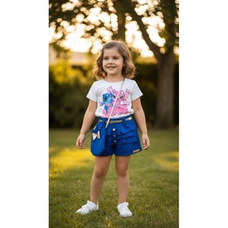 🎀 Conjunto 3 Peças (Bolsa + Short + Blusa Personalizada) Conjunto Infantil Feminino 3 Peças Bolsa Short e Blusa