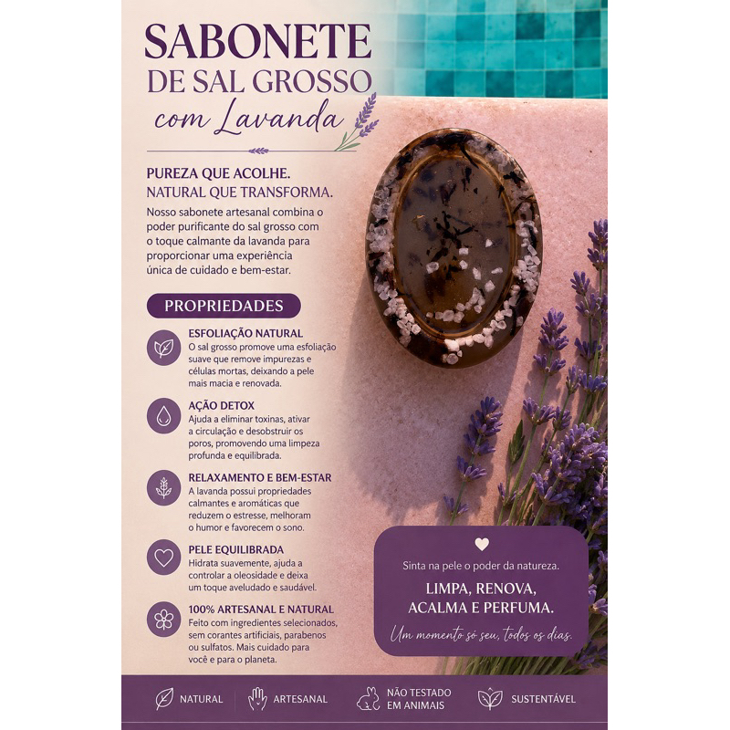 sabonete artesanal de lavanda com sal grosso ideal para o uso do dia a dia , para presentear , esse item não pode faltar
