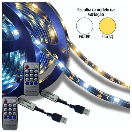 Fita Led 5050 Branco Frio ou Quente Usb 3 metros + Controle Dimmer Fundo Tv Pc Mesa Gamer CPU Painel