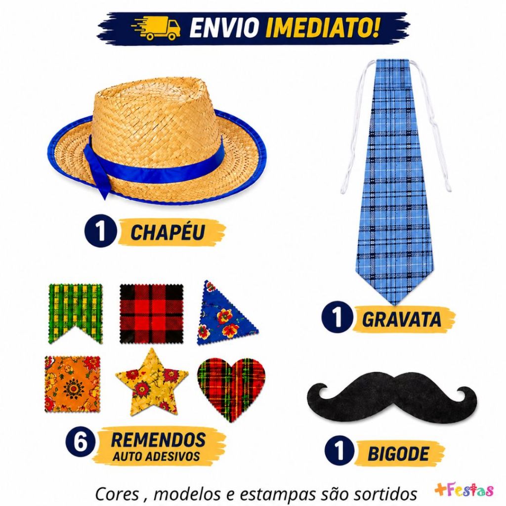 Kit Junino Chapéu Malandrinho Infantil Adulto + Bigode + Gravata+ Remendos Auto Colante Festa Junina