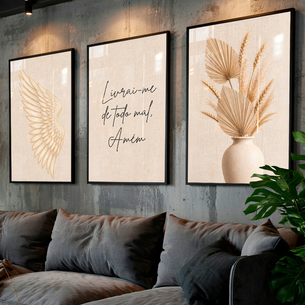 Kit 3 Quadros Decorativos Livrai-me de Todo Mal Amém Asa de Anjo Sala Quarto