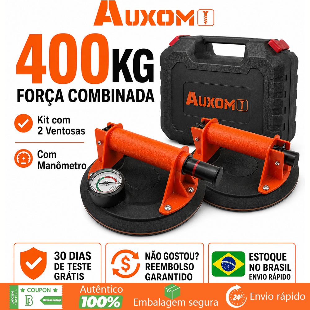 Kit Ventosa a Vácuo 400Kg AUXOM 2 Peças com Manômetro e Maleta para Porcelanato Vidro Mármore