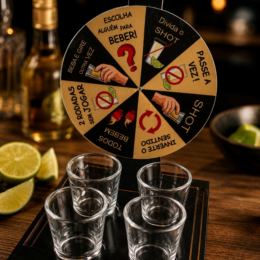 Jogo Roleta Drink Madeira com 4 Copinhos Shot Diversão Adultos