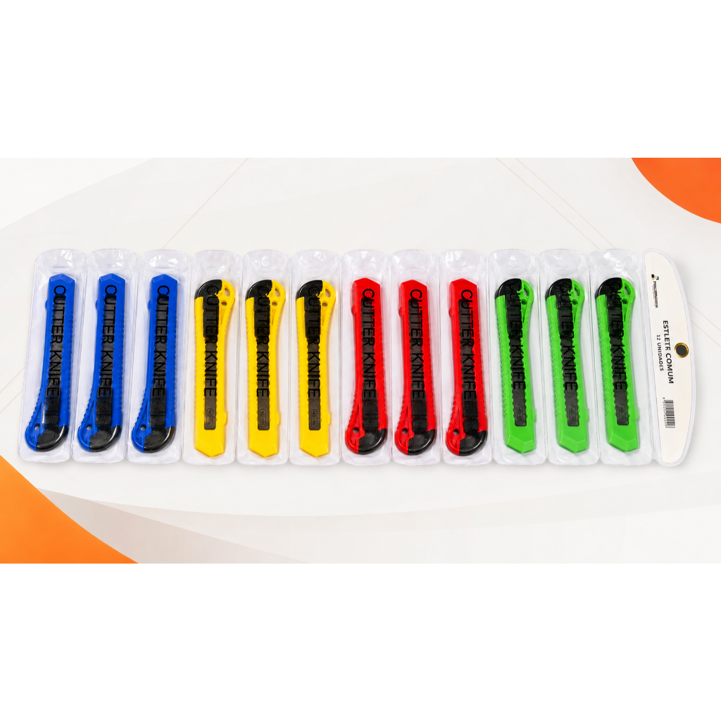 Kit Estojo 12 Estiletes 18mm Coloridos Lâmina Larga Retrátil Cortador Multiuso