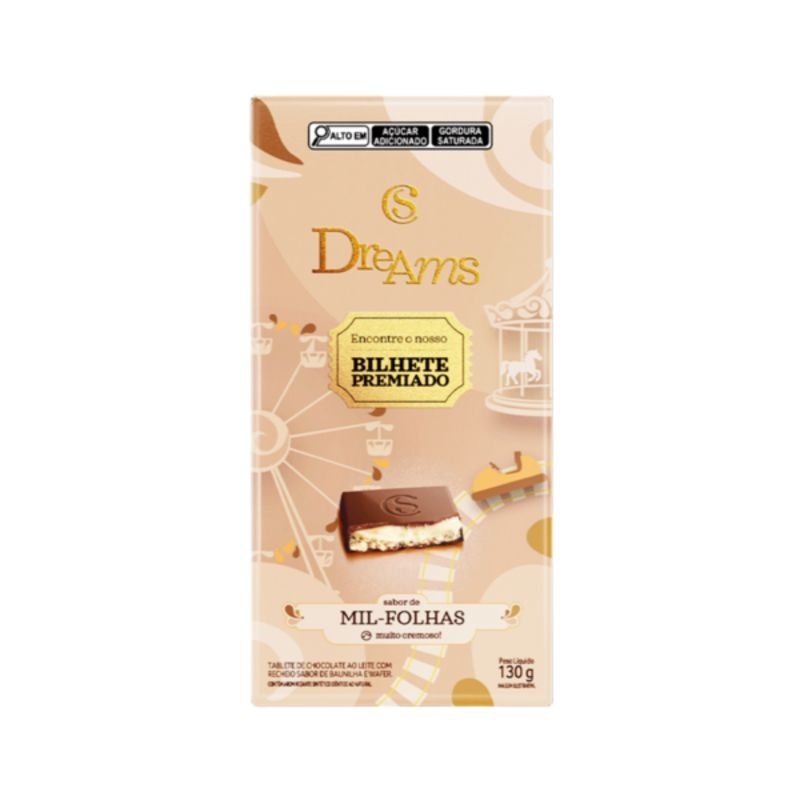 Barra de Chocolate Bilhete Dourado Cacau Show Dreams Mil-Folhas 130g Edição Especial