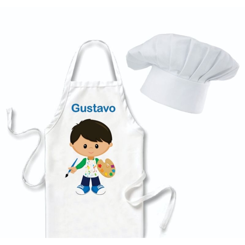 Avental Infantil Personalizado Envie Seu Nome + Touca Branca