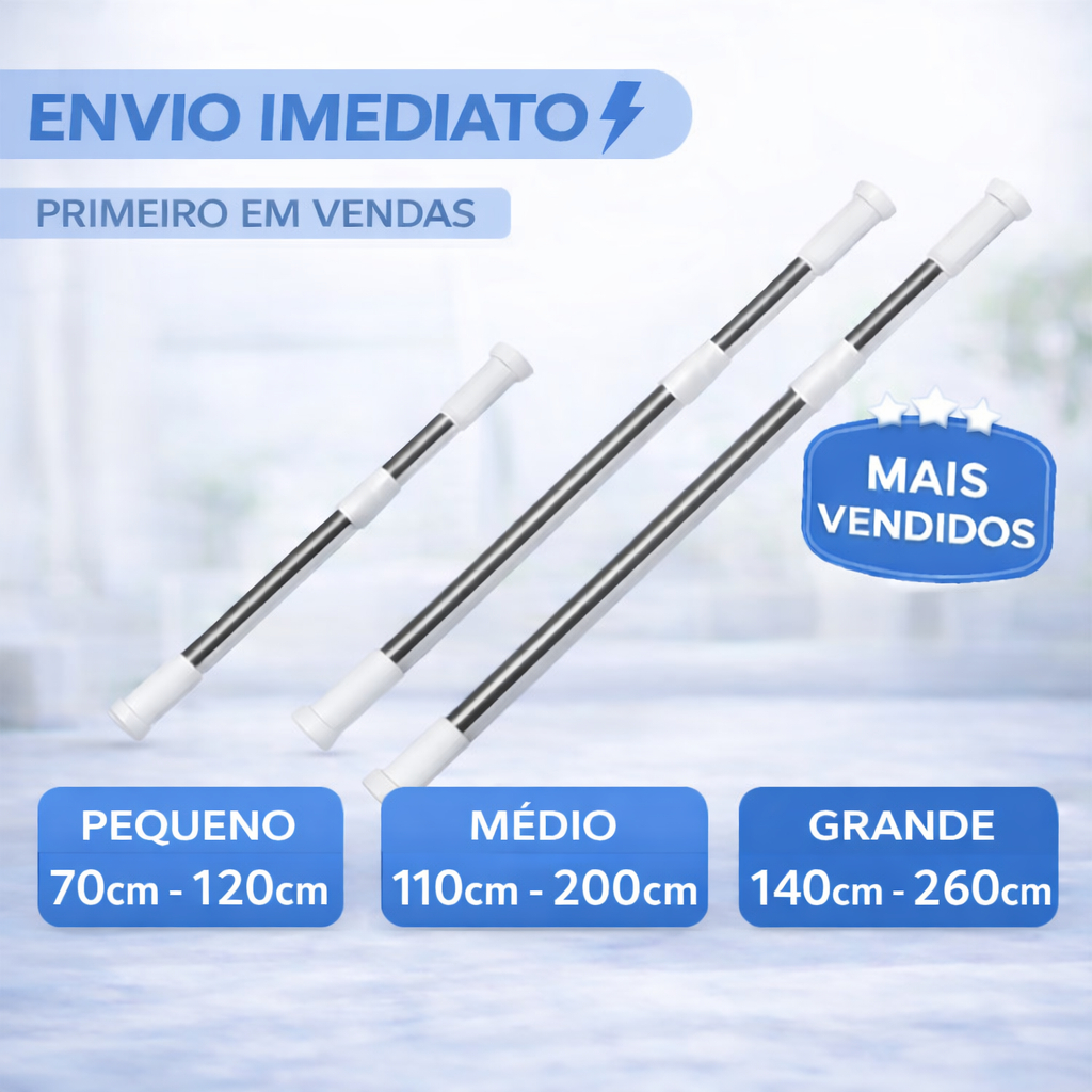 Varão de Parede Retrátil Extensível Inox Cortina Pia de Cozinha, Cortina Box Banheiro, Cortina de Porta