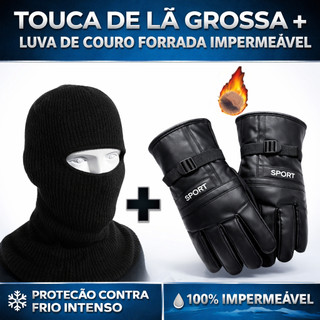 Kit Touca Ninja Balaclava + Luva De Couro Impermeável Térmica Motoqueiro Motociclista