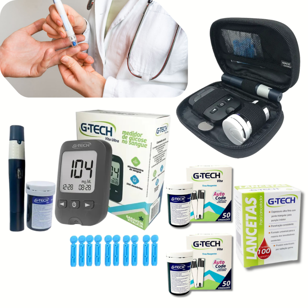 Kit Medidor de Glicose Gtech Vita 110 Tiras  110 Lancetas