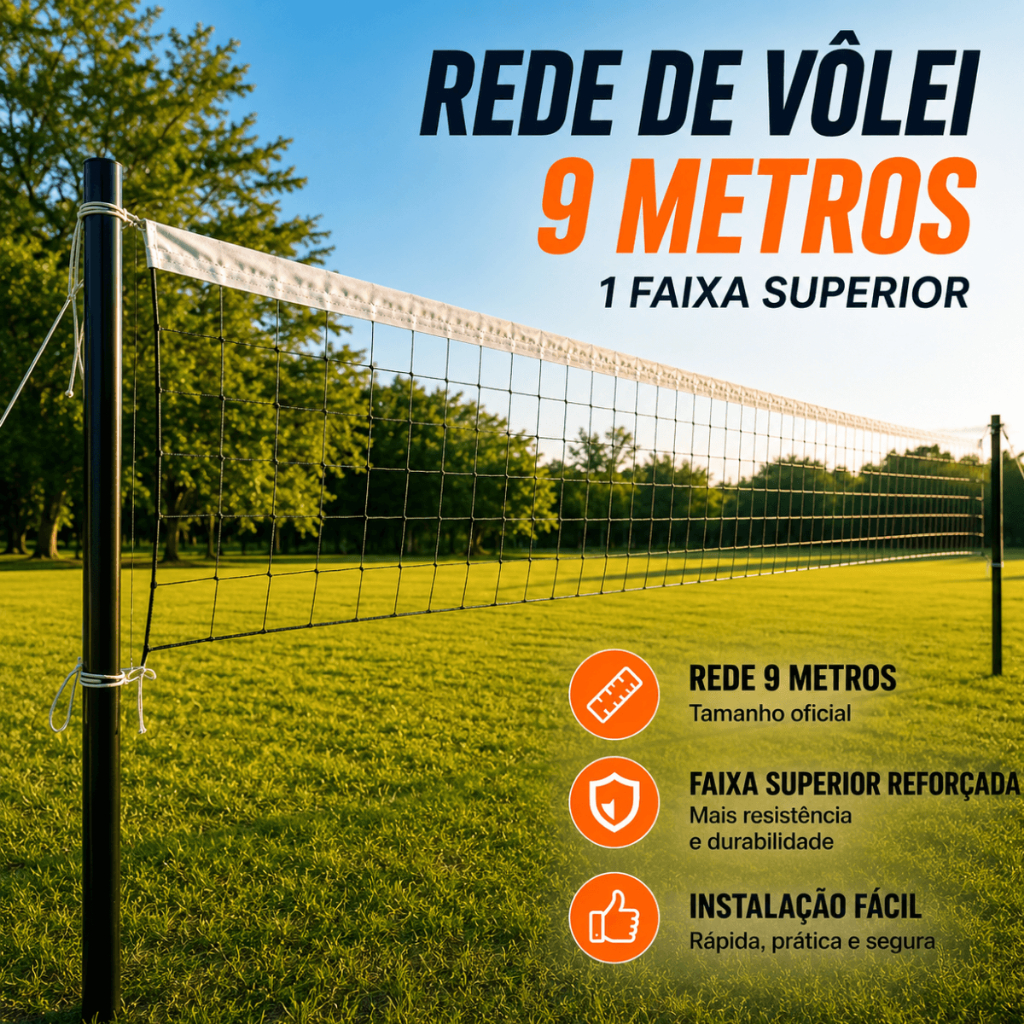Rede Vôlei 9 Metros Recreação 1 Faixa Superior Reforçada Para Praia Piscina Chácara Quintal Quadra