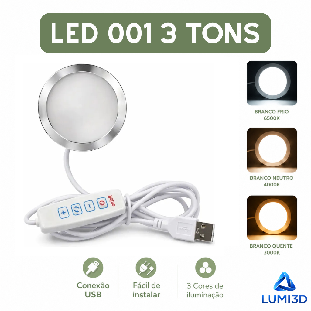 Kit LED 001 3 Tons USB 5V para Impressora 3D Bambu Lab Fácil Instalação DIY 3 Cores
