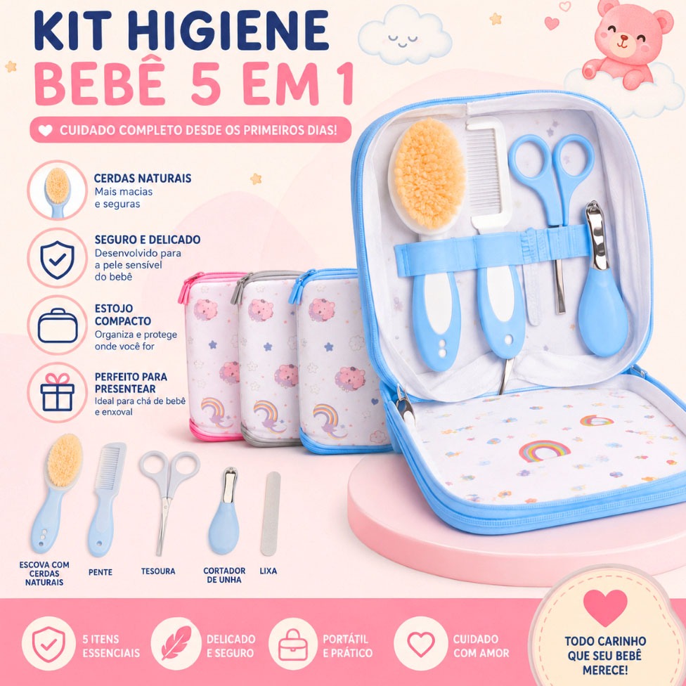 Kit Higiene Bebê 5 Peças Completo com Estojo | Escova Cerdas Naturais Pente Tesoura Cortador e Lixa Recém-NascidO