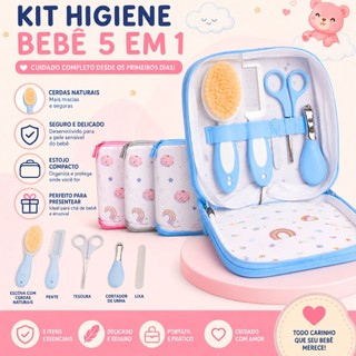 Kit Higiene Bebê 5 Peças Completo com Estojo | Escova Cerdas Naturais Pente Tesoura Cortador e Lixa Recém-NascidO