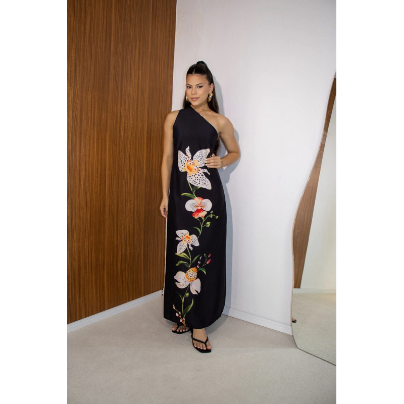 VESTIDO RAFAELA PATY FLORAL LONGO ELEGANTE BLACK